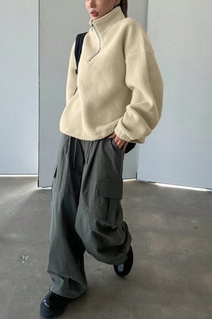 Ghassy Co. Kadın Ultra Isı Peluş Sherpa Oversize Yarım Metal Fermuar Lastik Ayarlı Polar Sweatshirt