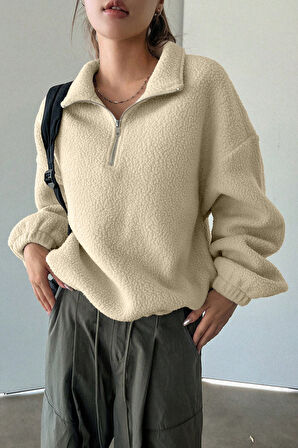 Ghassy Co. Kadın Ultra Isı Peluş Sherpa Oversize Yarım Metal Fermuar Lastik Ayarlı Polar Sweatshirt