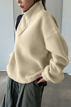 Ghassy Co. Kadın Ultra Isı Peluş Sherpa Oversize Yarım Metal Fermuar Lastik Ayarlı Polar Sweatshirt