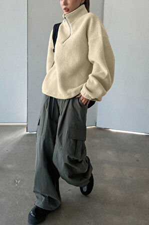 Ghassy Co. Kadın Ultra Isı Peluş Sherpa Oversize Yarım Metal Fermuar Lastik Ayarlı Polar Sweatshirt