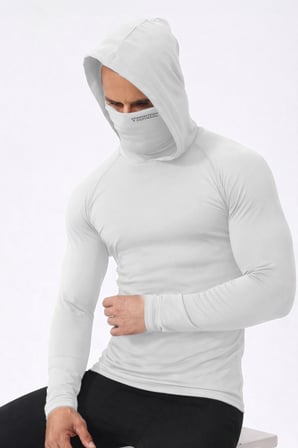 Ghassy Co. Erkek Yüz Maskeli Kapüşonlu Esnek Kumaş Pamuklu Uzun Kollu Spor Penye Tişört