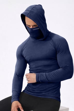 Ghassy Co. Erkek Yüz Maskeli Kapüşonlu Esnek Kumaş Pamuklu Uzun Kollu Spor Penye Tişört