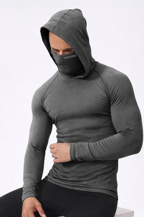Ghassy Co. Erkek Yüz Maskeli Kapüşonlu Esnek Kumaş Pamuklu Uzun Kollu Spor Penye Tişört