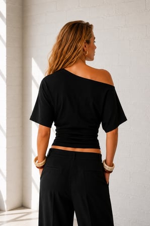 Ghassy Co. Kadın Düşük Omuz Pamuklu Likralı Yarasa Kol Bluz Günlük Modern Tasarım Spor T-Shirt 