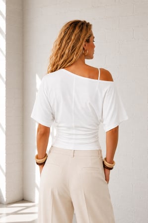 Ghassy Co. Kadın Düşük Omuz Pamuklu Likralı Yarasa Kol Bluz Günlük Modern Tasarım Spor T-Shirt 