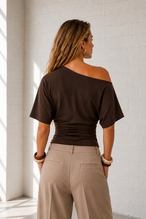 Ghassy Co. Kadın Düşük Omuz Pamuklu Likralı Yarasa Kol Bluz Günlük Modern Tasarım Spor T-Shirt 
