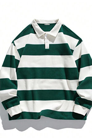 Ghassy Co. Erkek London Çizgili Şeritli Pamuklu İçi Polarlı Polo Yaka Sweatshirt