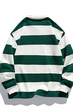 Ghassy Co. Erkek London Çizgili Şeritli Pamuklu İçi Polarlı Polo Yaka Sweatshirt