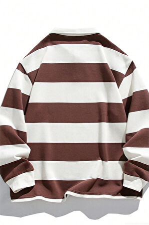 Ghassy Co. Erkek London Çizgili Şeritli Pamuklu İçi Polarlı Polo Yaka Sweatshirt