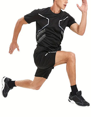 Ghassy Co. Erkek Ultra Esnek Nem Emici Vücut Geometrik Hızlı Kuruyan Hafif Spor T-shirt