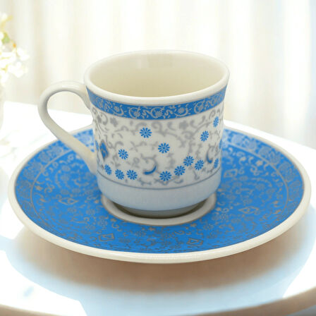 Mavi Çiçek Desenli 6 Kişilik Klasik Porselen Kahve Fincan Takımı