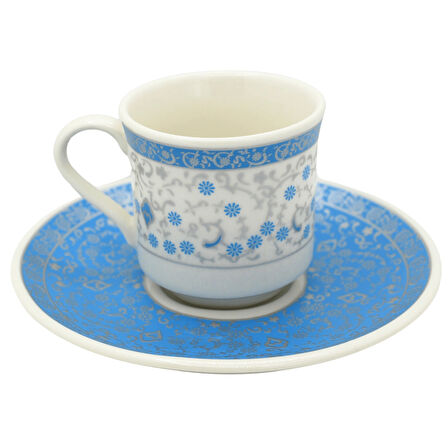 Mavi Çiçek Desenli 6 Kişilik Klasik Porselen Kahve Fincan Takımı
