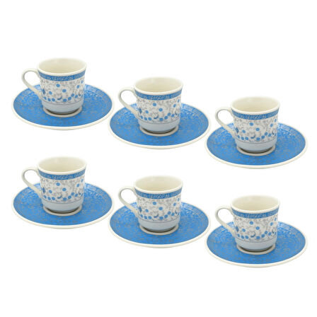 Mavi Çiçek Desenli 6 Kişilik Klasik Porselen Kahve Fincan Takımı