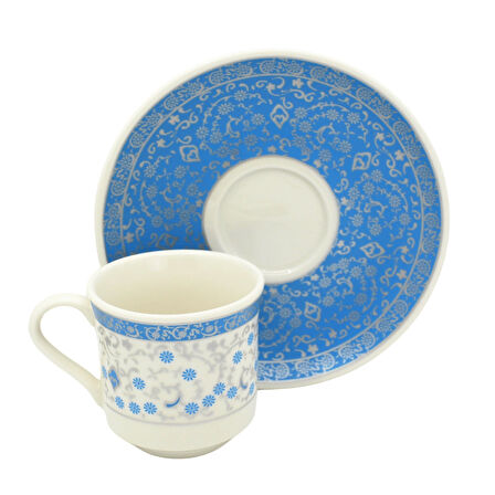 Mavi Çiçek Desenli 6 Kişilik Klasik Porselen Kahve Fincan Takımı