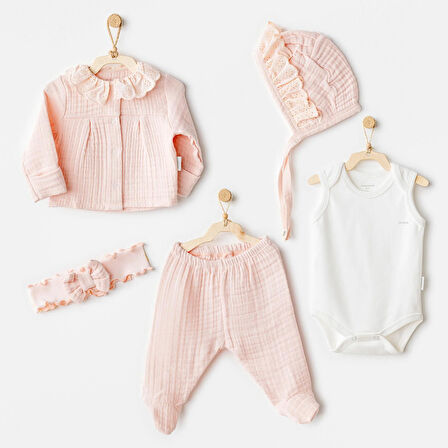 Kız Bebek Hastane Çıkışı 5 Pcs Newborn Set Natural Gift Muslin AC25840
