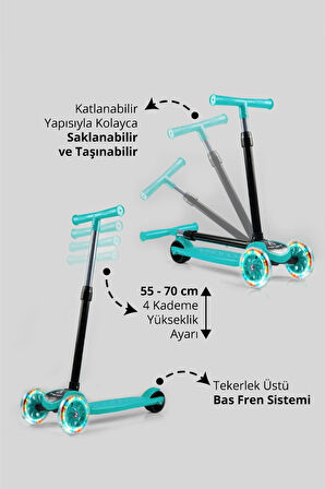 T212-M Katlanabilir Led Işıklı Scooter / 4 Kademe Ayarlanabilir Yükseklik Ayarı (55-70 CM) / Arka Fren