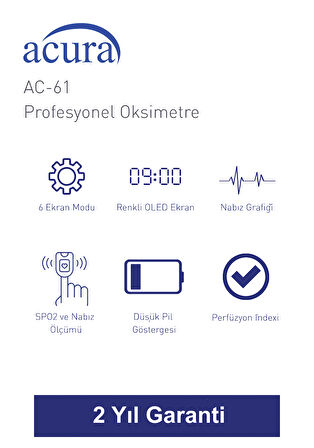 Acura AC-61 ÜTS Kayıtlı, OLED Ekranlı Profesyonel Pulse Oksimetre