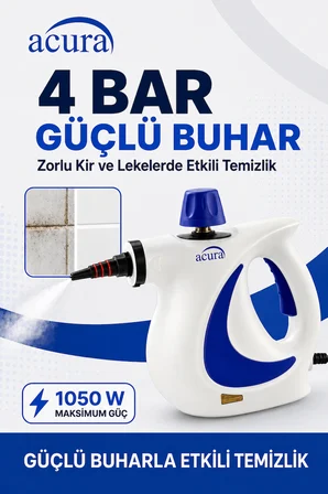 ACURA AC-110 Buharlı Temizleyici – 4 Bar, 1050 W, 9 Parça Aksesuar ve Mikrofiber Bez Hediyeli