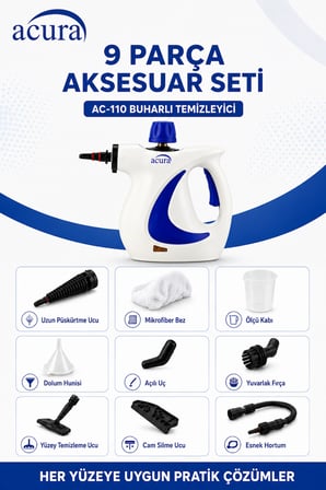 ACURA AC-110 Buharlı Temizleyici – 4 Bar, 1050 W, 9 Parça Aksesuar ve Mikrofiber Bez Hediyeli