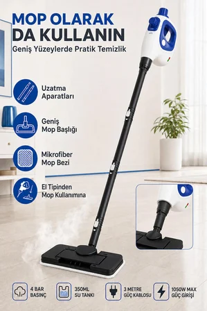 ACURA AC-120 Moplu Buharlı Temizleyici – 4 Bar, 1050 W, 16 Parça Aksesuar ve Mikrofiber Bez Hediyeli