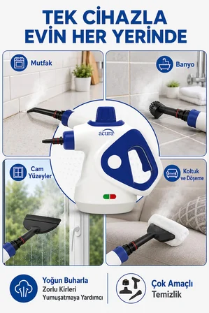 ACURA AC-120 Moplu Buharlı Temizleyici – 4 Bar, 1050 W, 16 Parça Aksesuar ve Mikrofiber Bez Hediyeli