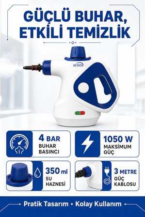 ACURA AC-120 Moplu Buharlı Temizleyici – 4 Bar, 1050 W, 16 Parça Aksesuar ve Mikrofiber Bez Hediyeli