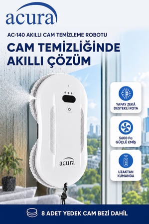 Acura AC-140 Sıvı Püskürtmeli AI Cam Silme Robotu | Uzaktan Kumandalı, 8 Yedek Ped Hediyeli