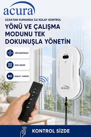 Acura AC-140 Sıvı Püskürtmeli AI Cam Silme Robotu | Uzaktan Kumandalı, 8 Yedek Ped Hediyeli