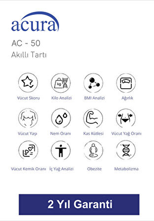 Acura AC-50 CE Onaylı Yağ, Su, Kas ve Kilo Ölçer Akıllı Tartı