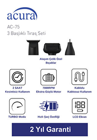 Acura AC-75 3 Başlıklı Metal Gövdeli Tıraş Seti