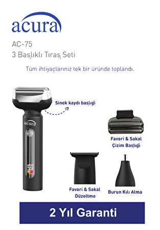 Acura AC-75 3 Başlıklı Metal Gövdeli Tıraş Seti