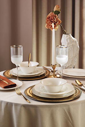 Kütahya Porselen Bone İlay 36 Parça 6 Kişilik Yemek Takımı Altın File