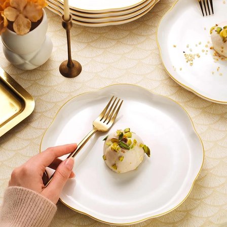 Kütahya Porselen Bone Camila 6 Parça 20 Cm Pasta Tabağı Seti Altın Fileli