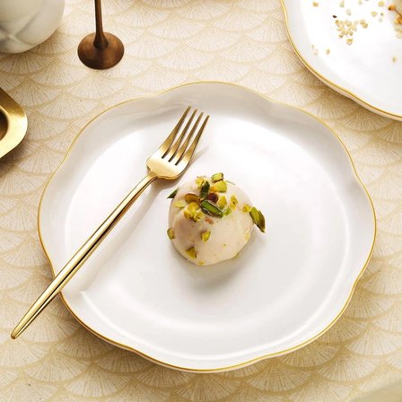 Kütahya Porselen Bone Camila 6 Parça 20 Cm Pasta Tabağı Seti Altın Fileli
