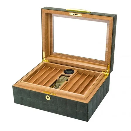 Lubinski Deri Camlı Humidor Puro Kutusu Yeşil 50s LB-012