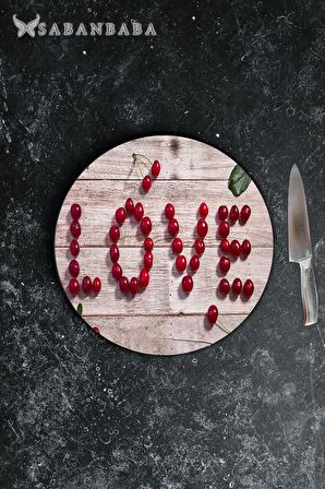 Love Kiraz Cam Kesme Tahtası - Sunum Tabağı| Çap 20