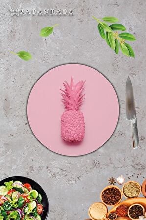 Pembe Ananas Cam Kesme Tahtası - Sunum Tabağı| Çap 20