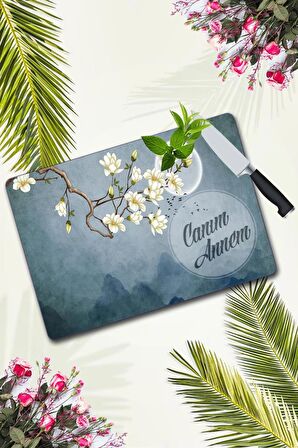 Canım Annem Ay & Çiçekler Beyaz Cam Kesme Tahtası | 30 Cm X 40 Cm