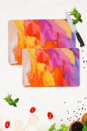 2' li Takım 30x40 cm ve 20x30 cm Gökkuşağı Desenli Cam Kesim Tablası ve Ocak Koruma