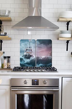 2' li 30x52 cm Fırtınalı Deniz Desenli Cam Ocak Arkası Koruyucusu