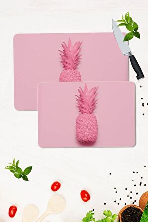 2' li Takım 30x40 cm ve 20x30 cm Pembe Ananas Desenli Cam Kesim Tablası ve Ocak Koruma