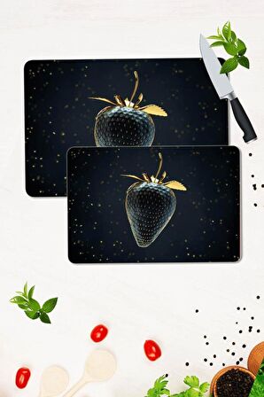 2' li Takım 30x40 cm ve 20x30 cm Altın Çilek Desenli Cam Kesim Tablası ve Ocak Koruma