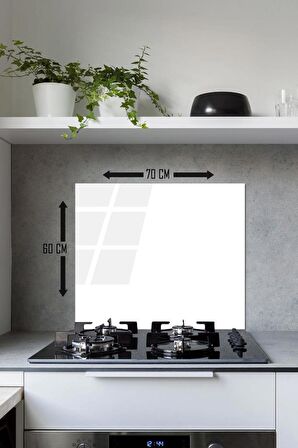 60 x 70 cm Düz Beyaz Desenli Cam Ocak Arkası Koruyucu