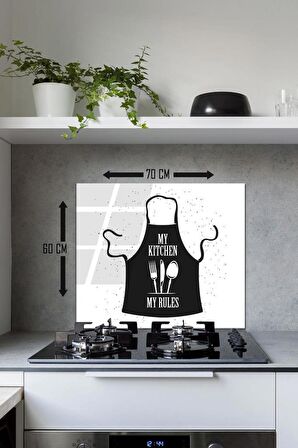 60 x 70 cm My Kitchen My Rules Desenli Cam Ocak Arkası Koruyucu