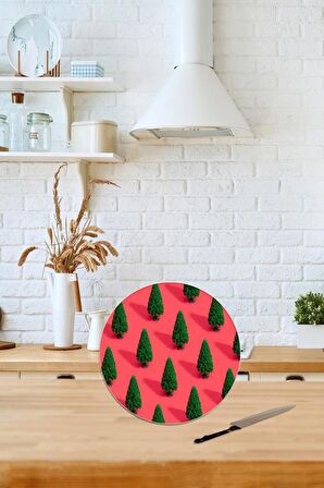 Çap 20 cm Çam Ağacı Desenli Cam Kesim Tablası