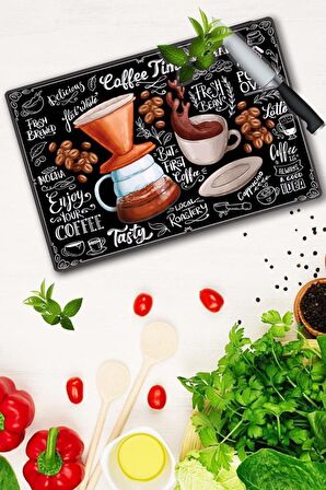 20x30 cm Coffee Time Desenli Cam Kesme Tablası