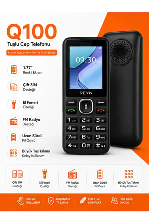 Q100 Tuşlu Telefon Çift Hatlı Büyük Tuşlu Uzun Pil Ömürlü Siyah