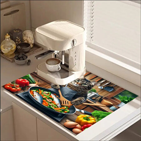 55 CM x 45 CM KEDİ ŞEF TASARIMI TEZGAH ÜSTÜ BULAŞIK KURUTMA MATI BULAŞIKLIK KURUTMA ÖRTÜSÜ