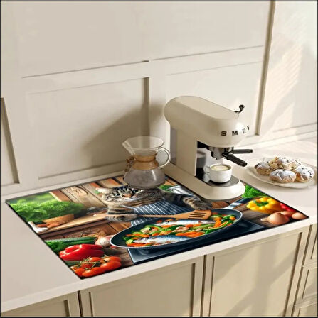 55 CM x 45 CM KEDİ ŞEF TASARIMI TEZGAH ÜSTÜ BULAŞIK KURUTMA MATI BULAŞIKLIK KURUTMA ÖRTÜSÜ