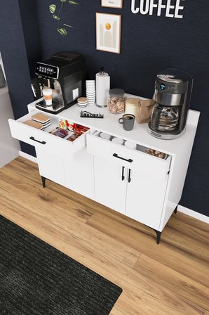DF14103 Kahve Köşesi Dolabı Çok Amaçlı Mutfak Konsolu Çekmeceli Kapaklı Mutfak Dolabı Coffee Bar Dolabı BEYAZ